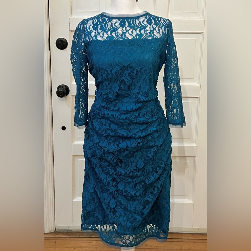 Max & Cleo Teal Long Sleeve Lace Dress